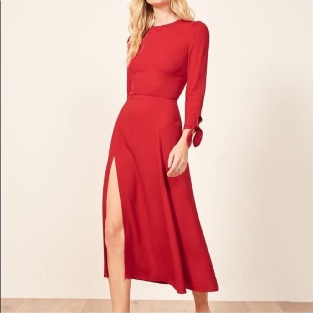 Reformation Zelda Red Slit 3/4 Bow Tie Sleeve Midi Dress